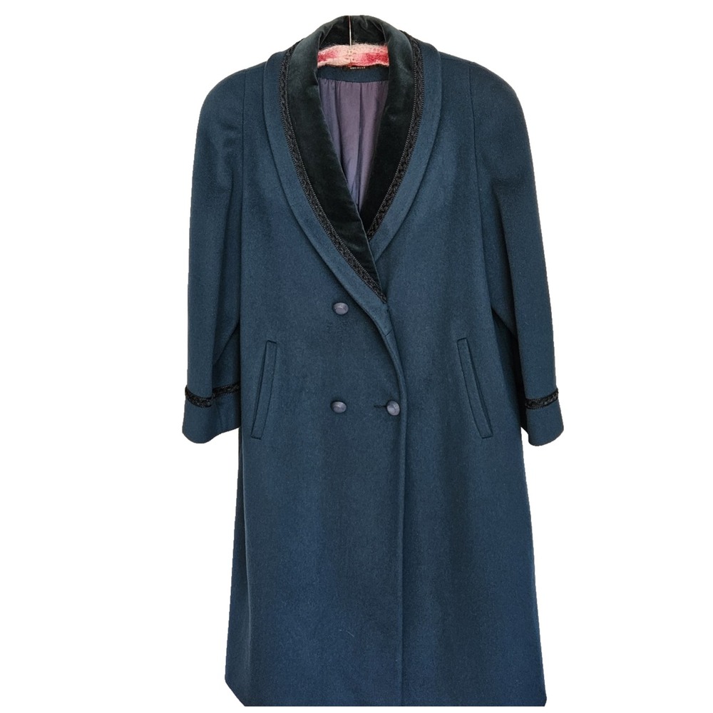 Vtg Alorna Teal Wool Coat Velvet Shawl Collar Gimp Braid Trim Old Money Luxe USA